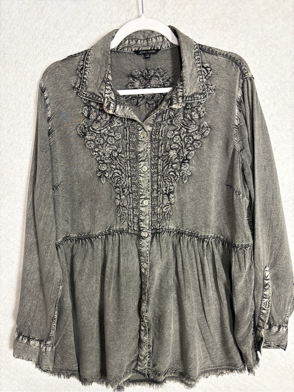 John Mark Women’s Gray-Black Embroidered Button-Front Peasant Top
